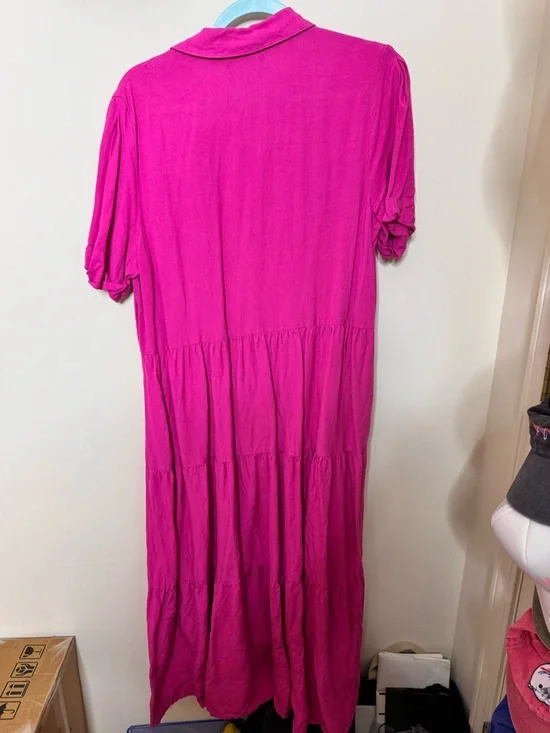 Piombo Bright Fuchsia Tiered Button-Front Midi Dress - Picture 2 of 5